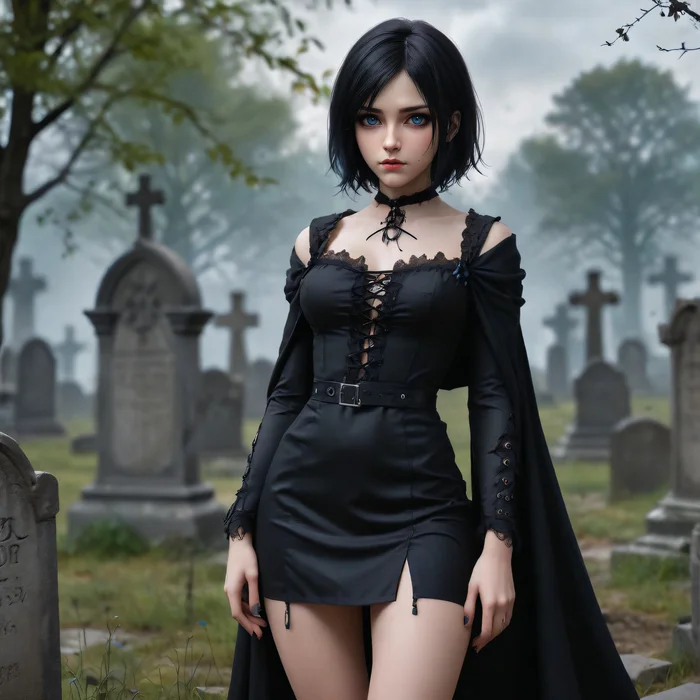 gothic girl - Girls, Neural network art, Stable diffusion, Art, Blue eyes, Cemetery, Gothic, beauty