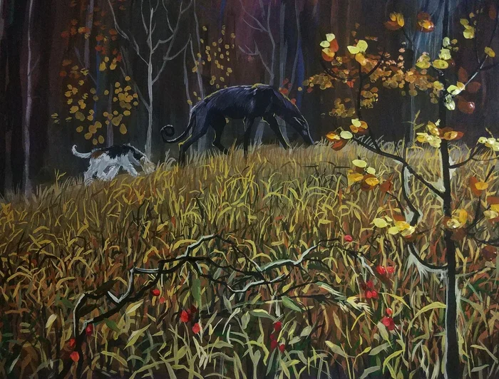 Anka and Giger, gouache - My, Gouache, Images, Hunting dogs, Painting, Autumn