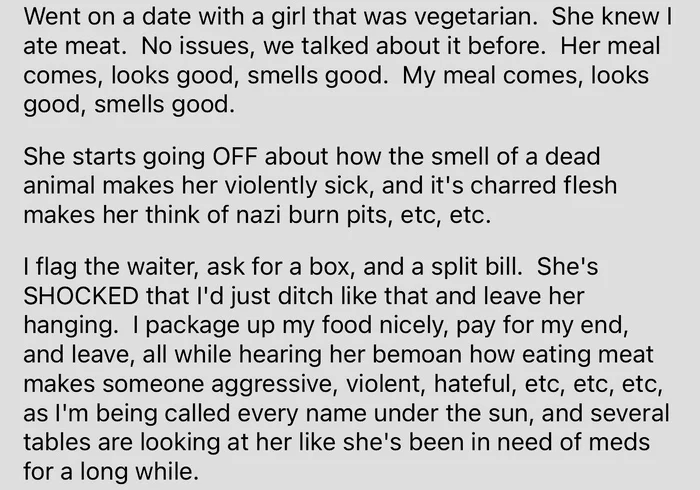 Strange Madam - Reddit, Vegetarianism, Vegan, Vegans and meat eaters, Screenshot, Translation, Date, Unsuccessful date, A restaurant