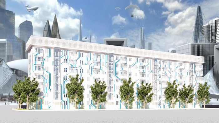 Вариант в стиле Sci-fi хорошо подойдет для научного городка или общежития для студентов