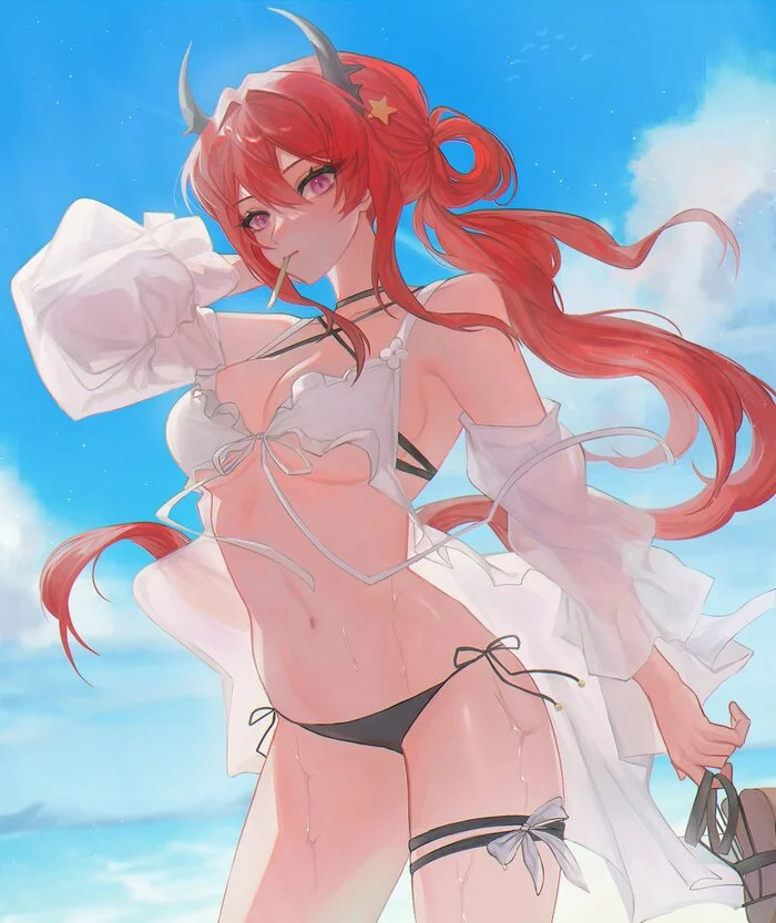 Surtr #006 - Anime, Anime art, Arknights, Surtr, Girls, Long hair, Beach, Stomach, Girl with Horns, Swimsuit, Navel, Slippers, Redheads, Blush