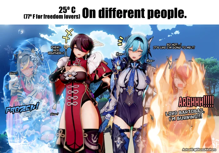 How Temperature Affects Different People - Anime, Anime art, Dehya (Genshin Impact), Beidou, Eula (Genshin Impact), Rosaria (Genshin Impact), Genshin impact