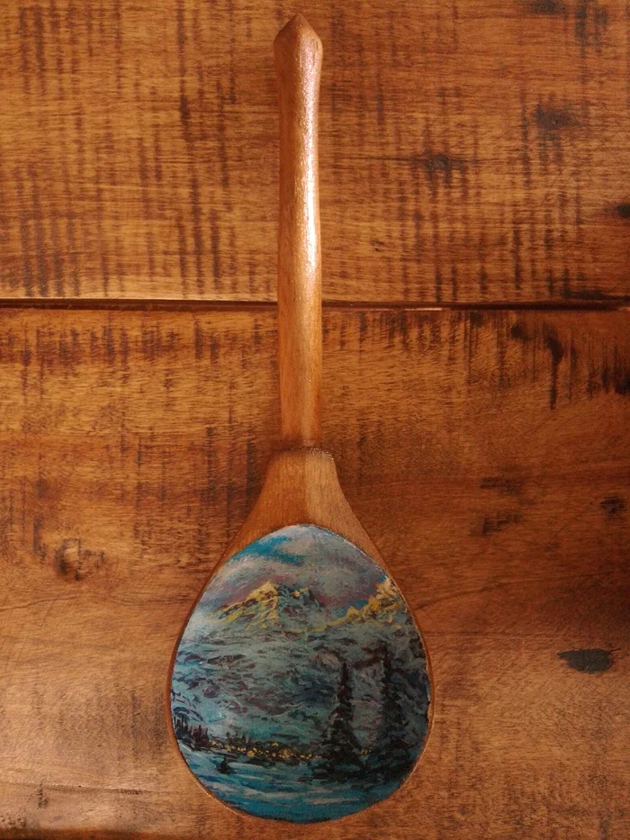 Painting a spoon with a mountain landscape - My, Art, Painting, Painting, Canvas, The mountains, Forest, Acrylic, Longpost