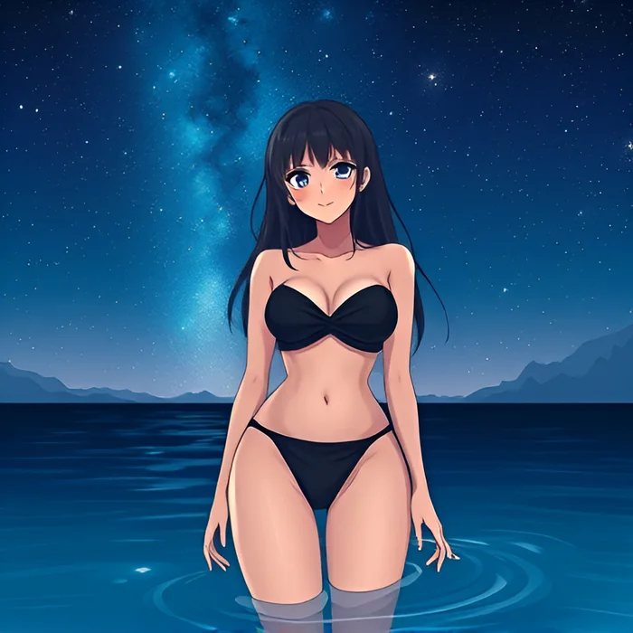 Girl in the night sea - Bathing, Swimsuit, Girls, Art, Anime, Night, Bikini, Salt water, Sea, Stars