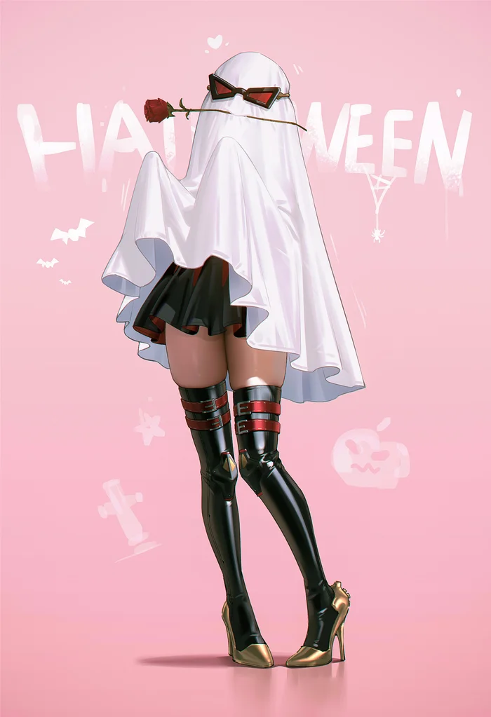 Halloween - Anime, Anime art, Burnice White (zzz), Zenless Zone Zero, Neural network art, the Rose, Glasses, Призрак, Halloween