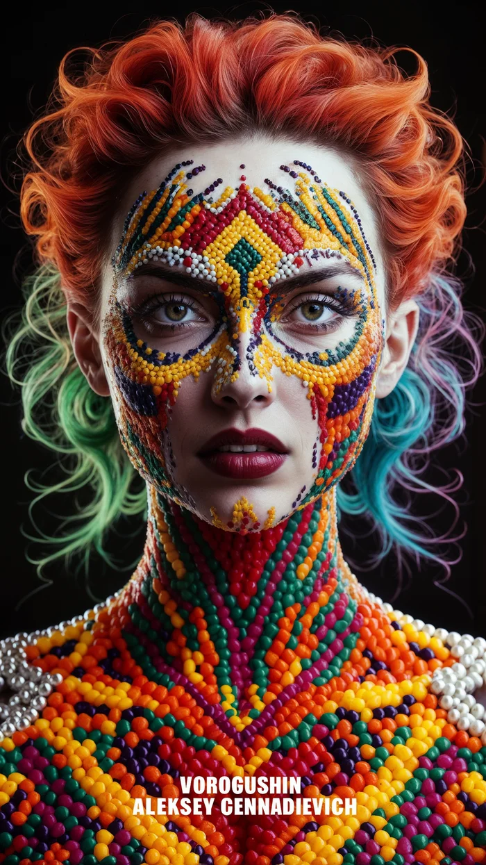 AI artist: Vorogushin Alexey Gennadievich. Bright portrait of a woman with body art made of multi-colored beads. Evaluation of neuroart using AI - My, Dall-e, Digital, Phone wallpaper, Нейронные сети, Desktop wallpaper, Art, Neural network art, Art, Modern Art, Computer graphics, Surrealism, Abstraction, Abstractionism, Bodypainting, Women, Girls, Artist, Cover, Artificial Intelligence, Digital drawing, Longpost