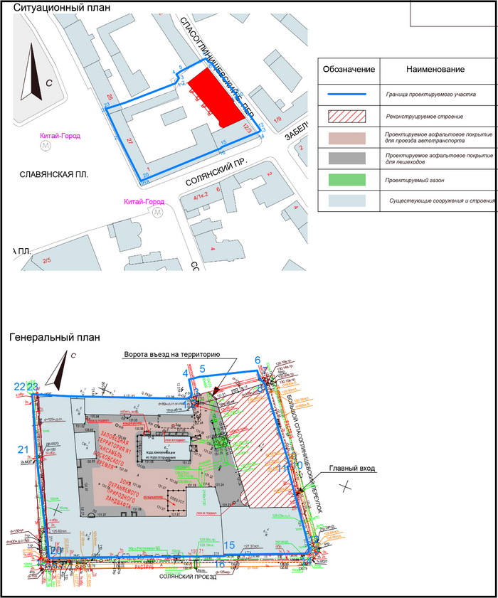 На схеме красным цветом отмечен - "самострой", там на 2ом подземном этаже элитный стрелковый клуб. Голубым историческая застройка.