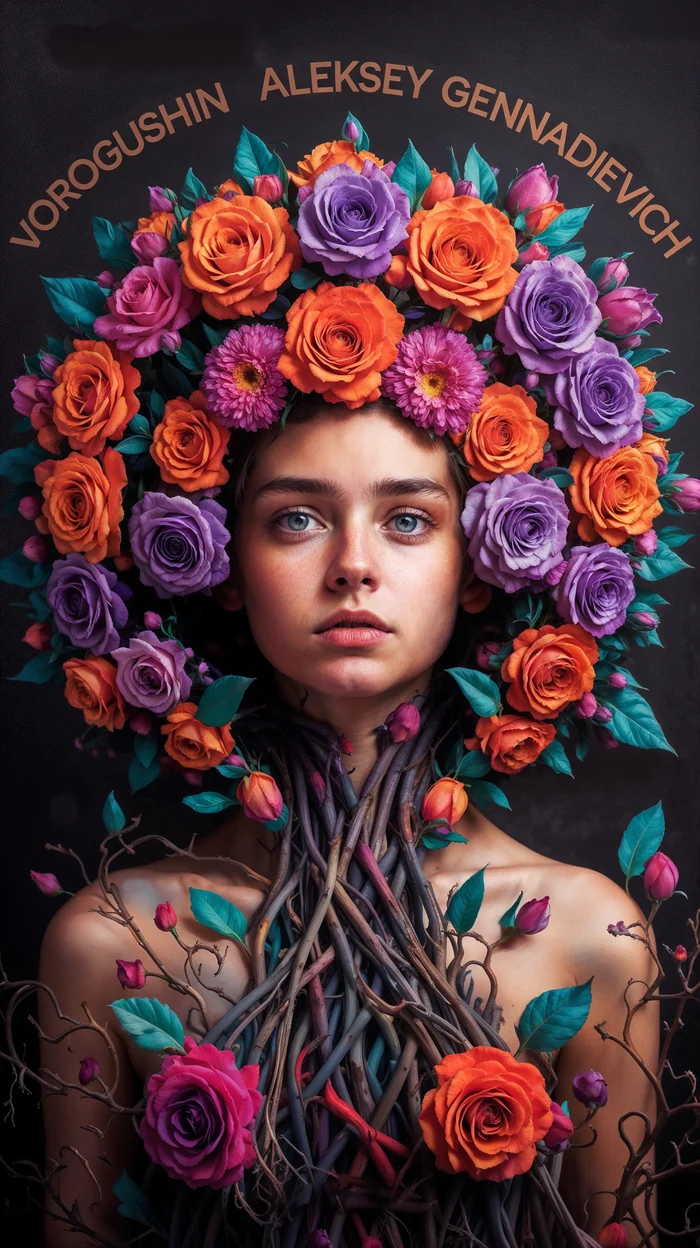 AI artist: Vorogushin Alexey Gennadievich. Bright girl, decorated with a wreath of roses in the style of surrealism. Evaluation of neuroart with the help of AI - My, Dall-e, Digital, Phone wallpaper, Нейронные сети, Desktop wallpaper, Art, Neural network art, Art, Modern Art, Computer graphics, Artist, the Rose, Flowers, Surrealism, Girls, Women, Cover, Artificial Intelligence, Digital drawing, Longpost