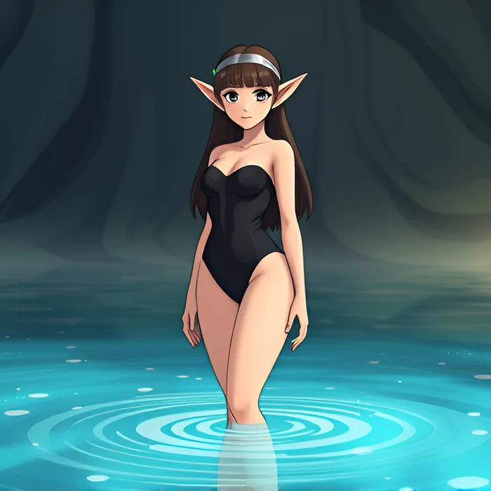 Elf in the water - Bathing, Swimsuit, Girls, Art, Anime