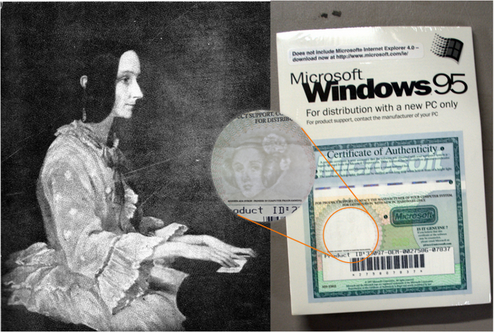Ада Лавлейс 1852 год. (Википедия) и обложка лицензионной копии windows 95 (изображение из открытых источников). Моя благодарность пользователю Пикабу @hamboy2022 за присланное изображение Ады Лавлейс с лицензионного соглашения.