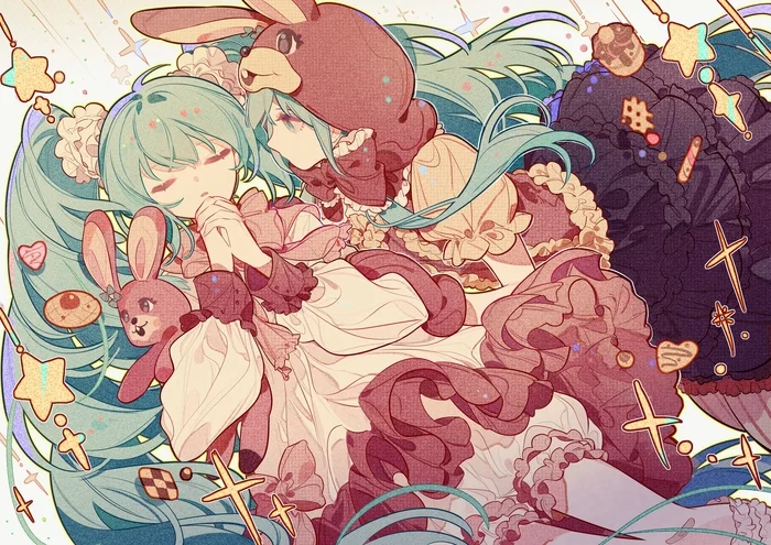 Hatsune Miku #176 - Аниме, Anime Art, Hatsune Miku, Девушки, Платье, Кролик, Длинные волосы, Капюшон, Панталоны, Игрушки, Рукава