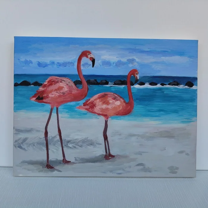 Oil painting flamingo 40x30 - My, Painting, Oil painting, Flamingo, Creation