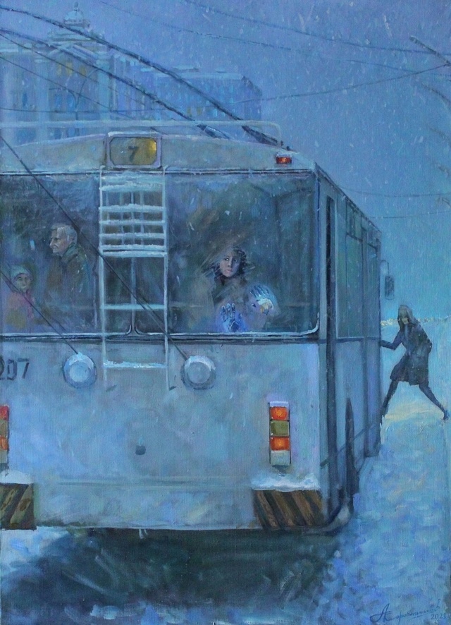 Korabelnikov Alexey. Imprints of Love 2023 - Painting, Painting, Trolleybus, Canvas, Winter