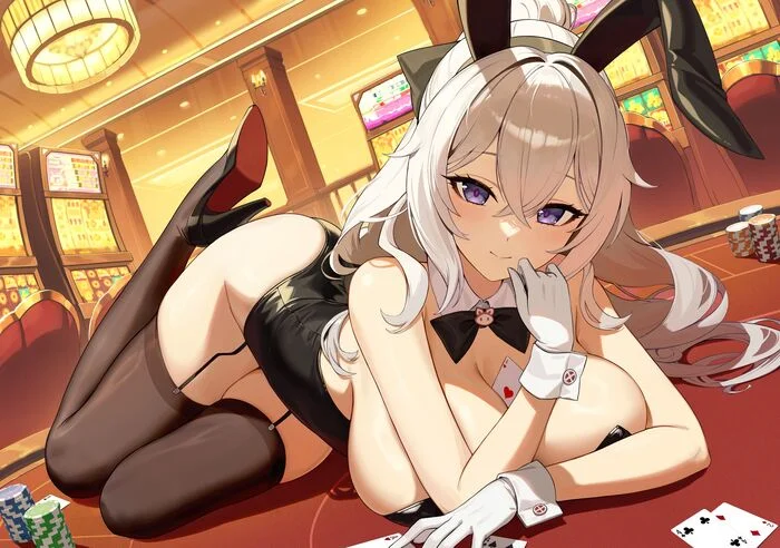 Today I will be working with you. - Anime art, Anime, Honkai Impact, Bronya Zaychik, Bunnysuit, Stockings, Casino