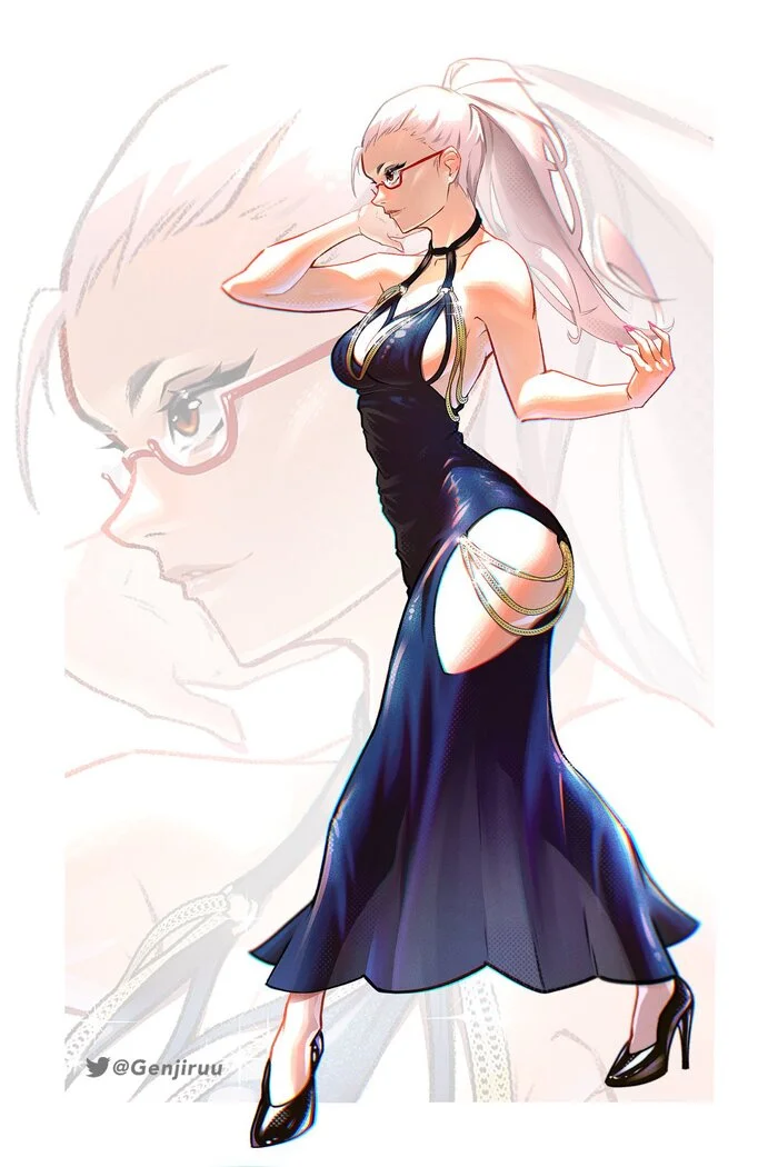 Beauty Seiko - Anime, Anime art, Ayase Seiko, Dandadan, Girl in glasses, Evening Dress, Shoes, Art