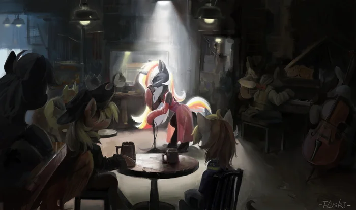 Velvet sings, the rest drink... - My little pony, Fallout: Equestria, Velvet remedy, Calamity, Littlepip, Original character