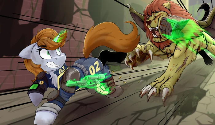 And we hit him in the face with a box!!... - My little pony, Art, Fallout: Equestria, Littlepip