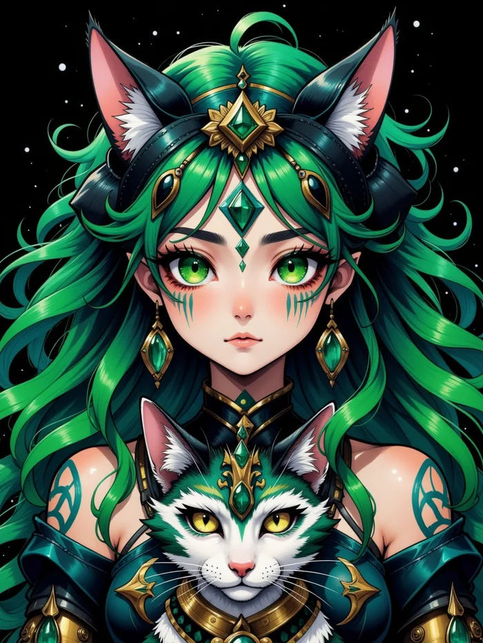 Neurotyanki #81 - My, Anime, Anime art, Neural network art, Flux, Original character, Нейронные сети, Stable diffusion, Girls, Colorful hair, cat, Animal ears, Longpost