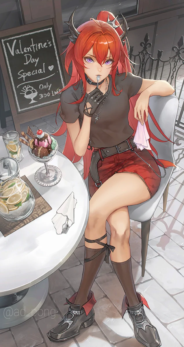 Surtr #007 - Anime, Anime art, Arknights, Surtr, Girls, Ice cream, Sitting, Chair, Table, Lemonade, Choker, Skirt, A spoon, Girl with Horns, Fork