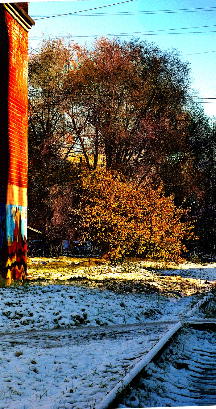 Remains of autumn in the city - My, The photo, Landscape, Gimp, Autumn, Autumn leaves, Snow, The sun, November, Sidewalk, Longpost