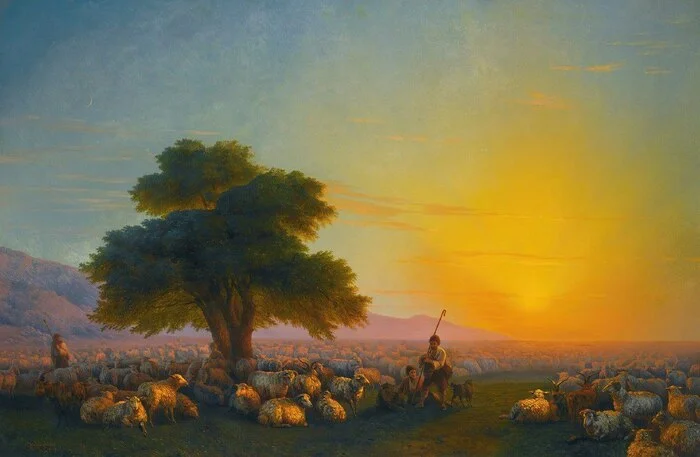 Ivan Aivazovsky - My, Telegram, Aivazovsky, Shepherd, Sheeps, Tretyakov Gallery, Artist, Painting, Telegram (link), Art, Herd, Sunset, The sun, Meaning, Смысл жизни, Canvas