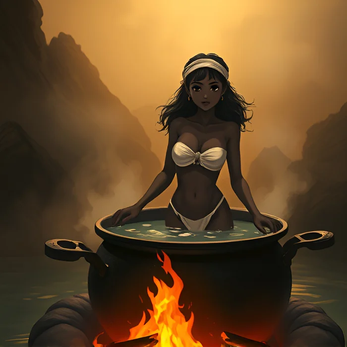 Girls in cauldrons - Bathing, Art, Anime, Swimsuit, Girls, Bikini, Boiler, Longpost, Neural network art