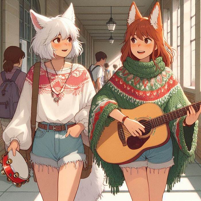 Our concert Lullaby for the summer, e01 - My, Нейронные сети, Art, Neural network art, Ginger & White, Animal ears, Girls, Anime, Anime art, Original character, Kitsune, Tail, Poncho, Guitar, Psychedelic, Autumn, Longpost