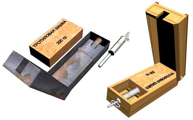 Устройство мины ПМД-6. Слева: в металлическом корпусе из жести. Справа: в деревянном корпусе (изображения из открытых источников)