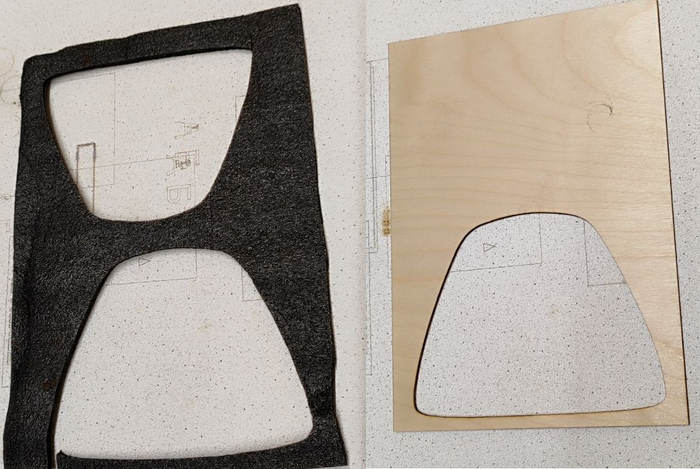 Режем 3 слоя фанеры и 3 слоя вспененного полиэтилена каждый размером чуть меньше предыдущего. Вставляем мебельные закладные на М8 и склеиваем в бутерброд.