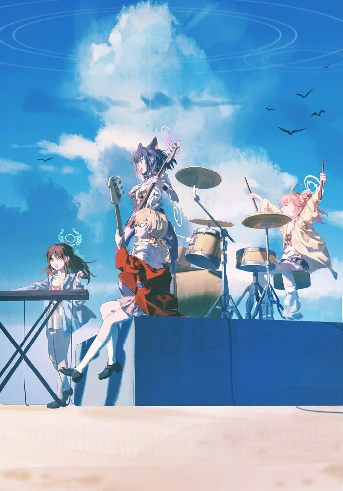 Rehearsal on the roof - Anime art, Anime, Girls, Games, Blue archive, Kyouyama Kazusa, Animal ears, Ibaragi Yoshimi, Yutori Natsu, Kurimura Airi, Art, Musical group, Guitar, Drums, Keyboards