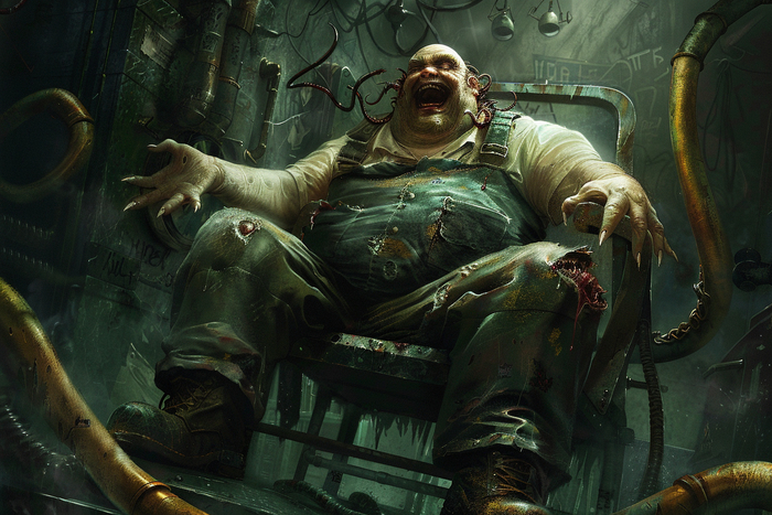 warhammer 40000 art, a fat man in dirty work overalls sits on a metal chair and laughs madly, one of his hands turns into a tentacle, interrogation, gloomy interrogation room --ar 3:2 --v 6