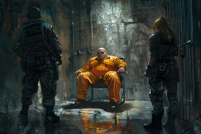 warhammer 40000 art, Acolytes of the Inquisition, a man and a woman in black, in front of them sits on a metal chair a fat bald defendant, dressed in an orange dirty work suit, interrogation, interrogation room, gloomy interrogation room --ar 3:2 --v 6