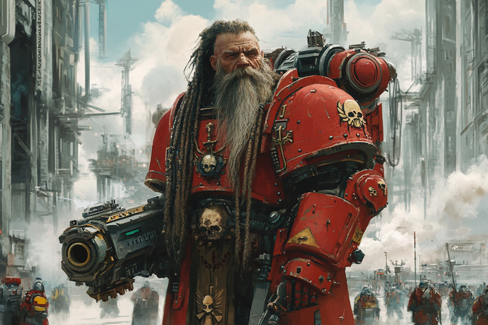 warhammer40k, A tall man with a long gray beard braided into a braid and long gray dreadlocks, in bright red power armor and holding a thunder hammer --v 6.1