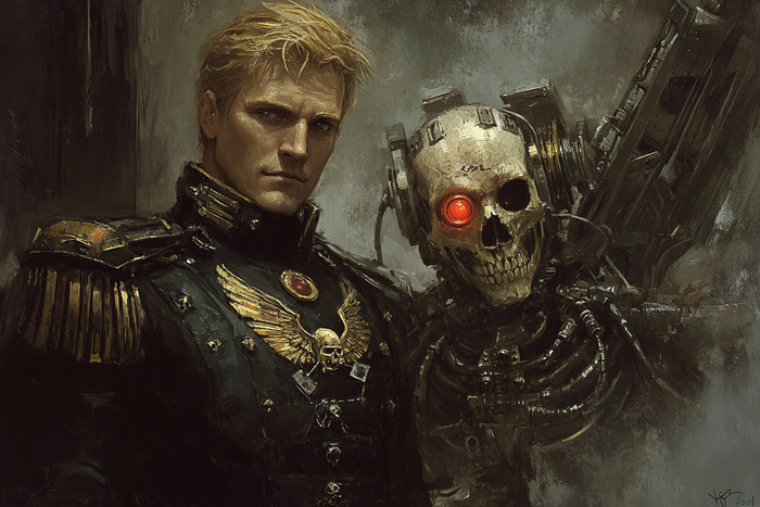 warhammer40k art, In the room stands a tall, blond man of forty years old in a black officer's uniform, next to him floats a servoskull with one red eye and many wires ---ar 3:2 --v 6.1