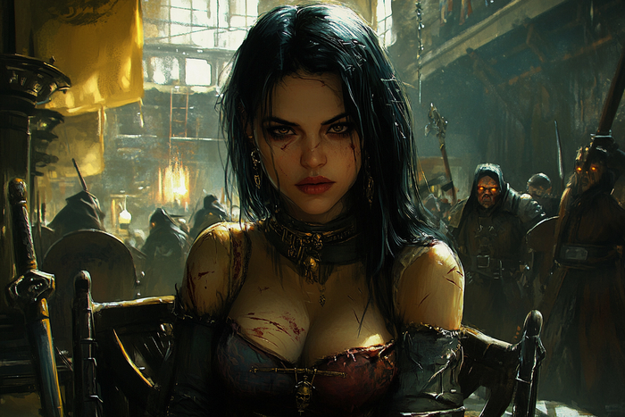 warhammer40k art, A stern woman of about forty with black hair to her shoulders, she is tied to a metal chair, her hands behind her back, many bruises and abrasions are visible on her body, there is anger in her eyes --ar 3:2 --v 6.1