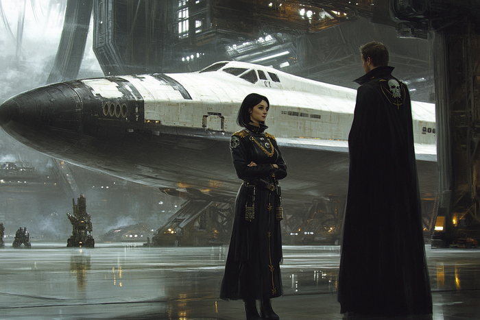 warhammer 40k art, A stern woman of about thirty-five with black shoulder-length hair in a black officer's uniform and a tall, thin man in a black cloak stand in a hangar against the backdrop of a space shuttle --ar 3:2 --v 6.1