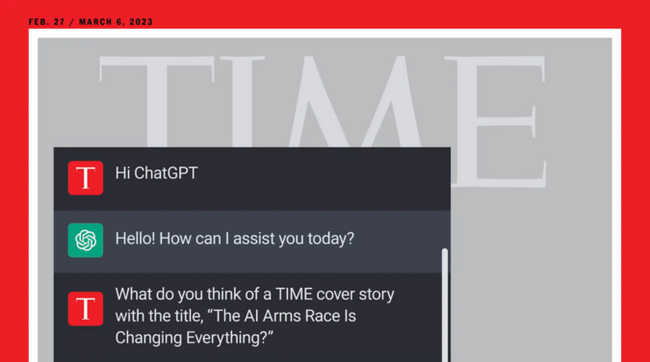 В феврале 2023 года журнал Time разместил на обложке скриншот разговора с ChatGPT. Фото: ChatGPT, Wikimedia Commons.