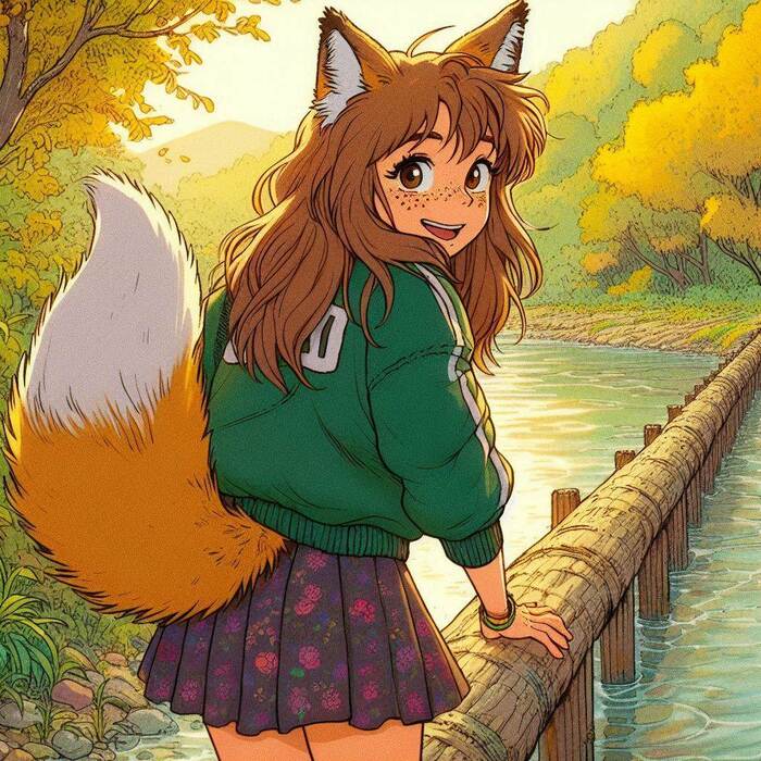 Fox Bridge - My, Neural network art, Нейронные сети, Art, Girls, Anime, Anime art, Original character, Kitsune, Animal ears, Tail, Redheads, Freckles, The fall, Ginger & White, Longpost