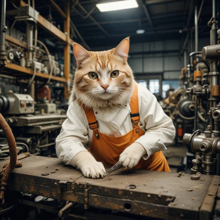 Cats working at the factory - Neural network art, cat, Milota, Work, Profession, Work days, Factory, Longpost