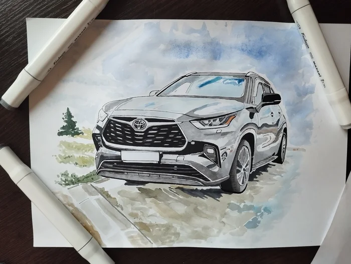 Toyota Highlander - My, Auto, Art, Painting, Watercolor, Liner, Marker, Toyota, Longpost