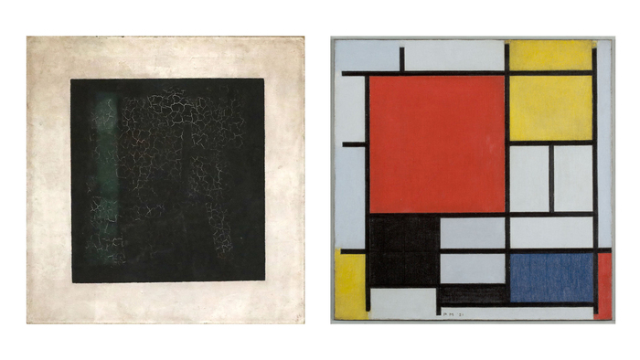 1. Казимир Малевич «Черный квадрат», 1915. 2. Пит Мондриан «Композиция с большой красной плоскостью, жёлтым, чёрным, серым и синим», 1921