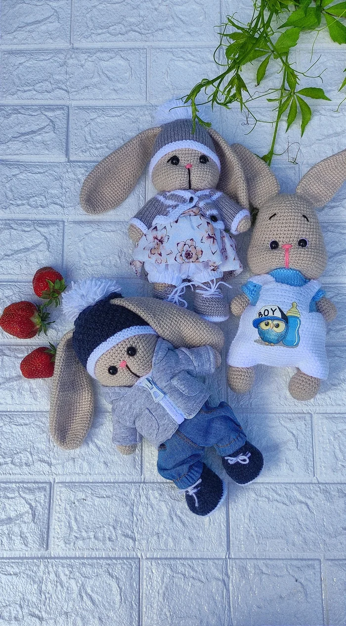 Hares - My, Needlework without process, Amigurumi, With your own hands, Knitted toys, Presents, Author's toy, Knitting, Crochet, Plush Toys, Soft toy, Longpost