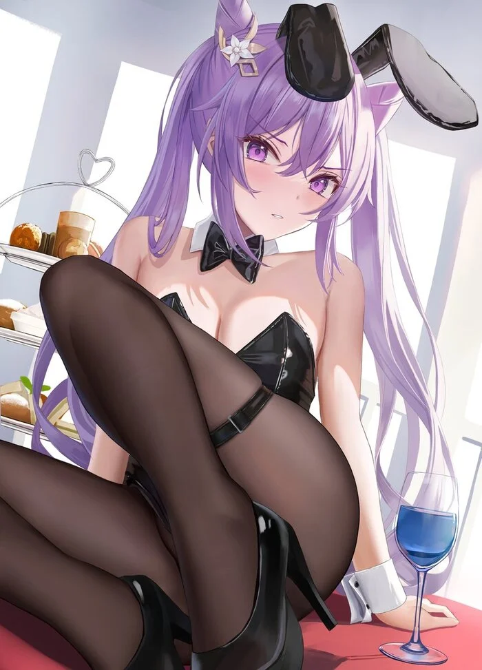 Keqing #004 - Anime, Anime art, Genshin impact, Keqing (Genshin Impact), Girls, Bunnysuit, High heels, Is sitting, Embarrassment