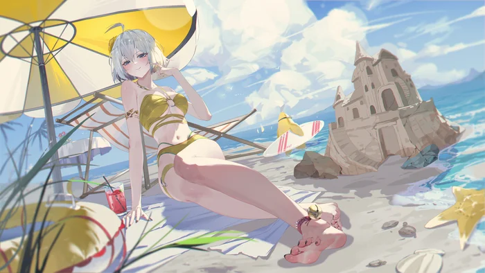 Xingtong - Anime art, Anime, Original character, Swimsuit, Beach, Parasol, Sea