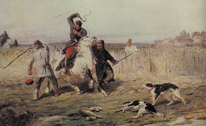 П. П. Соколов "Потрава помещиком хлеба на крестьянском поле. Крестьяне расправляются с помещиком" (60-е гг. XIX века). На этой акварели антигерой-помещик травит зайца на крестьянском поле, одевшись в типичную венгерку