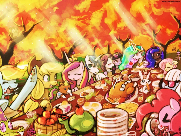 Lunch together - My little pony, Twilight sparkle, Princess luna, Rainbow dash, Pinkie pie, Princess celestia, Fluttershy, Applejack, Rarity, Princess cadance, Spike, Angel bunny, Shining armor, MLP Discord, Winona, Opalescence, Lumineko