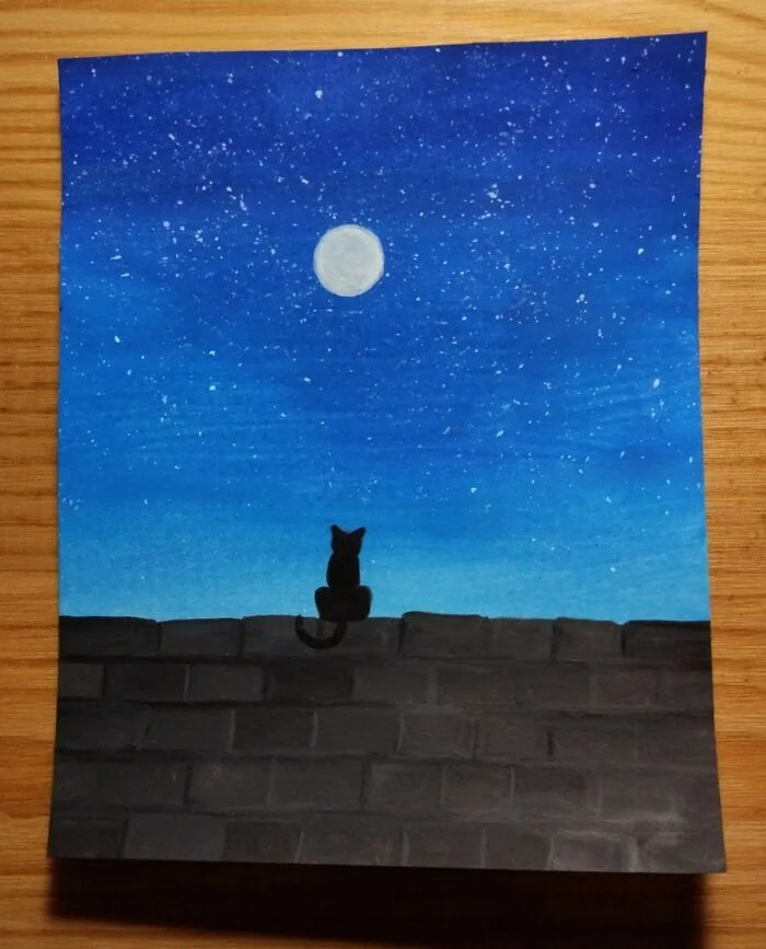 Gouache drawing - My, Drawing, Beginner artist, Painting, Landscape, cat, Gouache, Starry sky, Author's painting