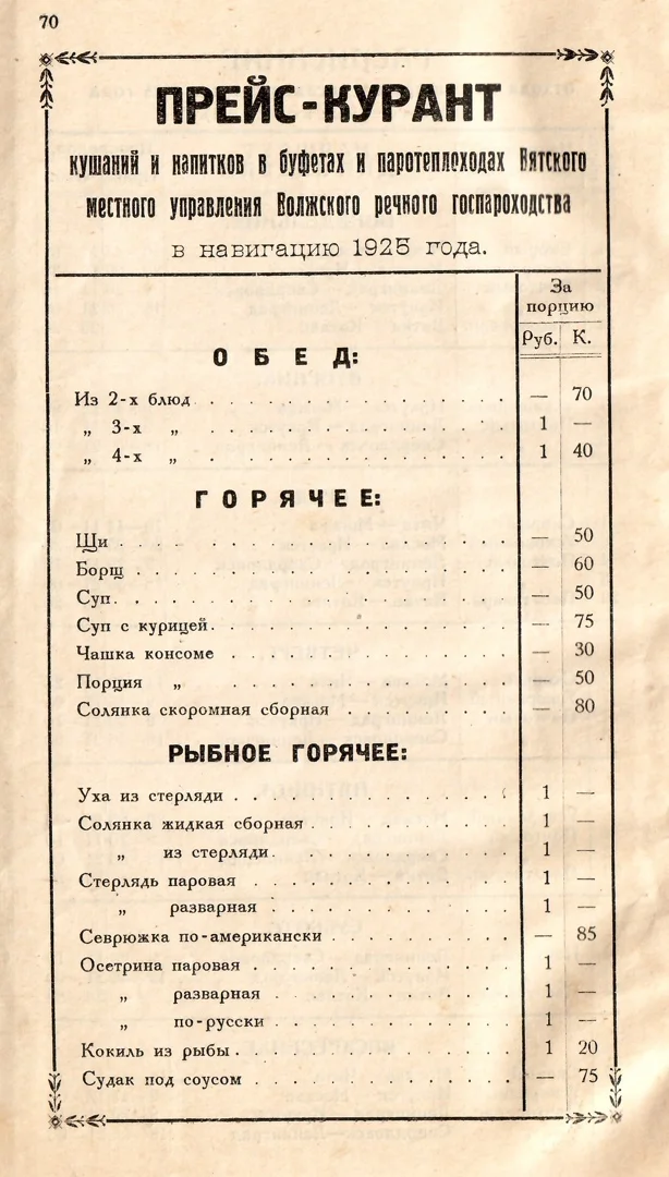 American-style stellate sturgeon and boiling water for all classes. What did they feed on Volga steamships 100 years ago? - My, Prices, the USSR, Food, Volga river, Longpost