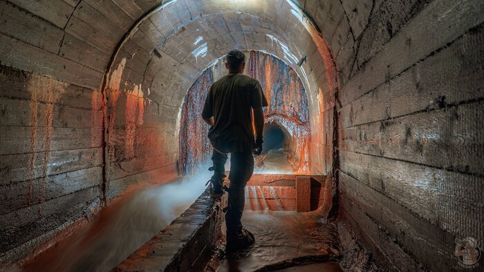 Компаньон, облаченный в бахилы ОЗК позирует в конце проходимого участка