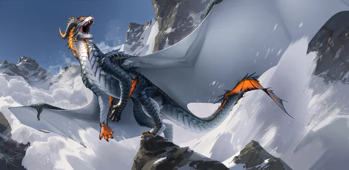 Avalanche - Art, The Dragon, The mountains, Snow, Avalanche, Roar, Digital drawing, Kaylinmangorian